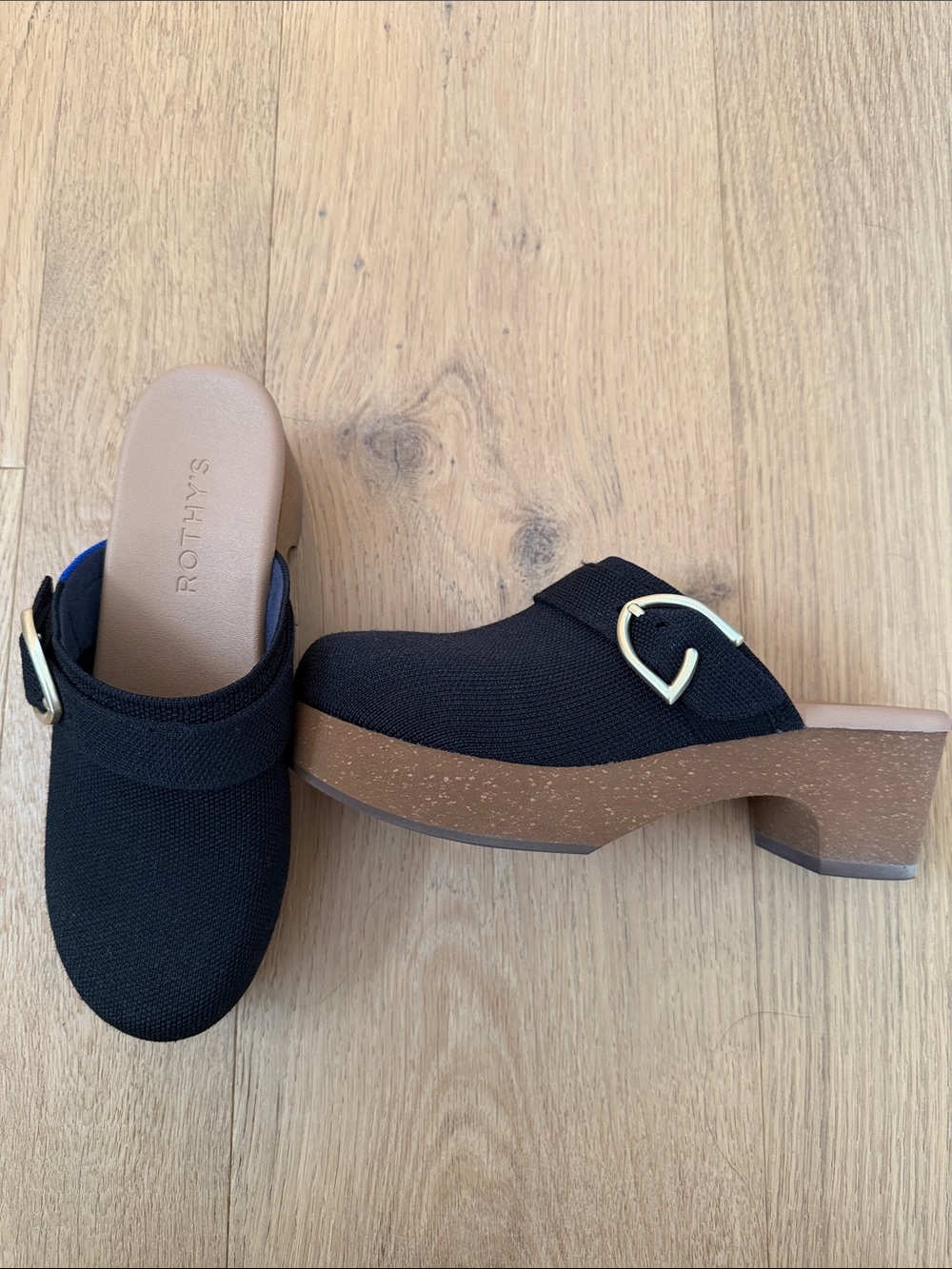 Rothy's Black Knit Clog Mule with Brown Platform and Gold Buckle